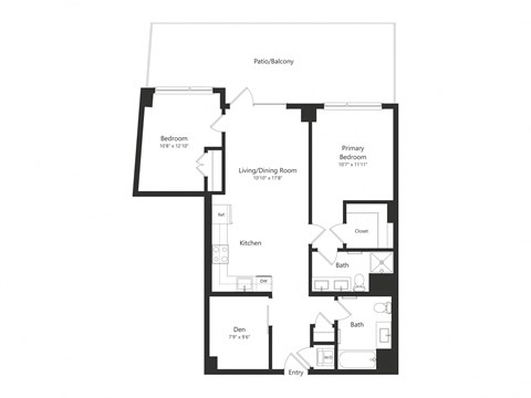 Floor plan for 2 beds, 2 baths, 1007 sqft